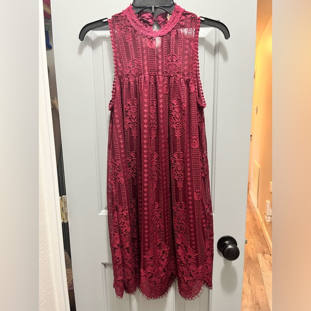 women’s small red wine high neck lace overlay dress